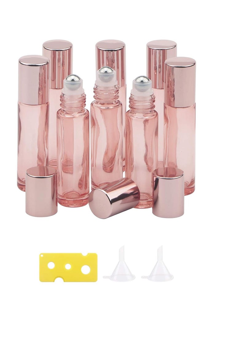 8 Pcs Roller Bottles Set, 10 ml (1/3 oz) Roller Bottles with Funnels & Opener, Glass Roll-on Bottles Vials for Perfumes Aromatherapy Essential Oils Liquid, Rose Gold