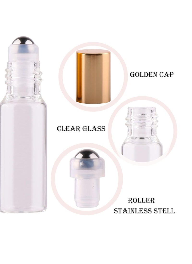 MaxMau Pack of 100,5ml Clear Glass Roll on Bottle Essential Oil Roller Bottles with Stainless Steel Roller Balls and Golden Painted Lids for Daily Aromatherapy Sample Test Travel