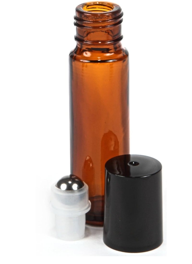 Vivaplex, 6, Amber, 10 ml Glass Roll-on Bottles with Stainless Steel Roller Balls - .5 ml Dropper included