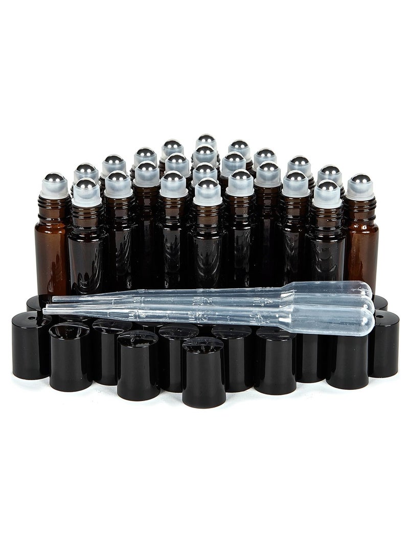 Vivaplex, 24, Amber, 10 ml Glass Roll-on Bottles with Stainless Steel Roller Balls. 3-3 ml Droppers included