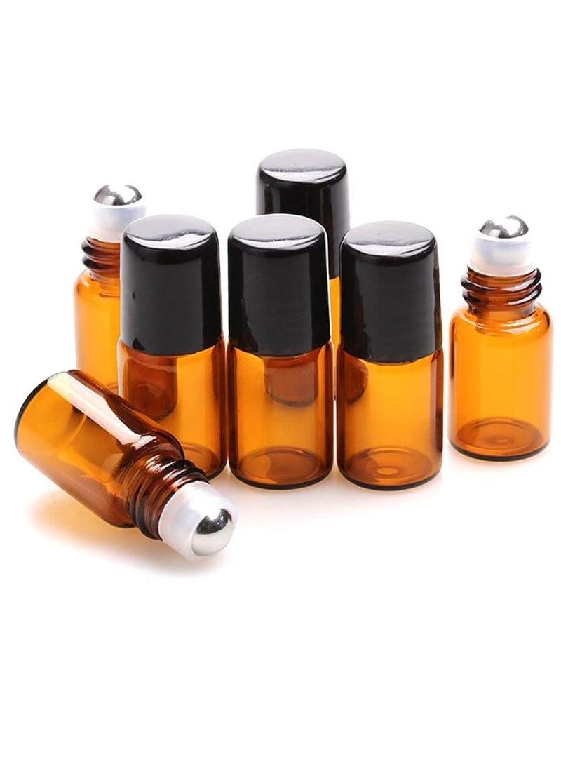 Furnido 25 Pack 2ml Amber Glass Roll on Bottle For Essential Oils,Perfume Vial with Stainless Steel Roller Ball,Black Caps Mini Sample Vials Cosmetics Small Container