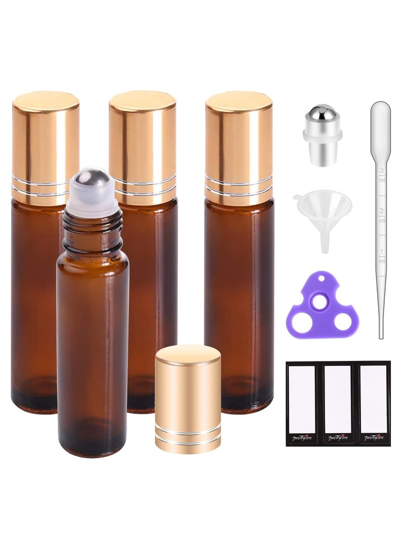 PrettyCare Essential oil Roller Bottles for Oils 10ml Glass Amber Perfume Bottles Empty with Extra Roller Balls, Opener, Funnel, Pipette, Labels, 4pack Roll on Bottles