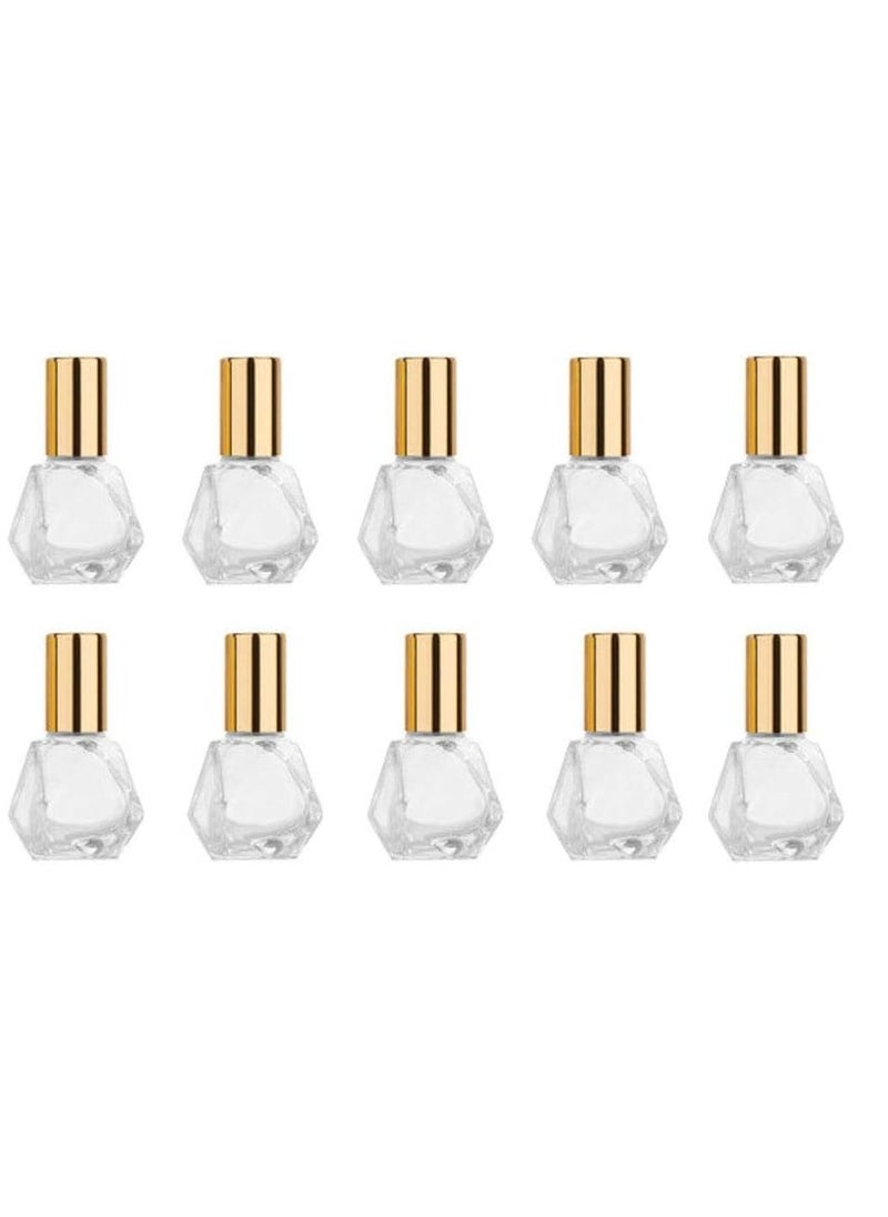 ConStore 10 PCS Mini Portable Polygonal Clear Glass Roller Bottle,8ml/0.27oz DIY Travel Essential Oil Roll On Bottle with Stainless Steel Ball Gold Cap