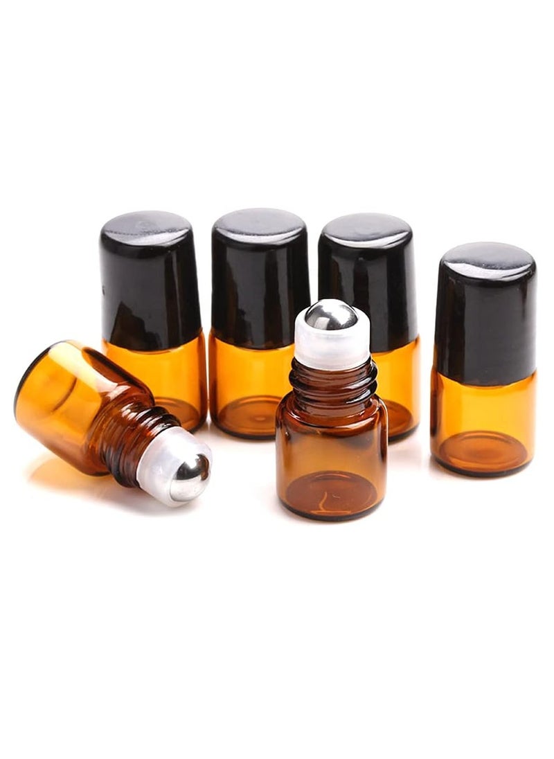 Furnido 25 Pack 1ml Amber Glass Roll on Bottle For Essential Oils,Perfume Vial with Stainless Steel Roller Ball,Black Caps Mini Sample Vials Cosmetics Small Container