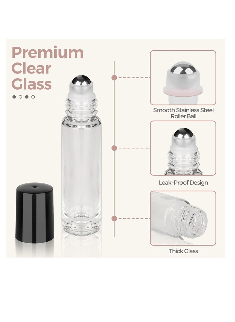 ComSaf Glass Essential Oil Roller Bottles, Set of 24, 10 ML Clear Glass Bottles with Stainless Steel Roller Balls, Leakproof Essential Oil Container Kits with Labels, Dropper, for Facial Body Care