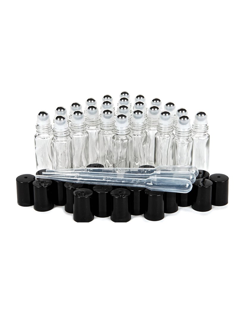 Vivaplex, 24, Clear, 10 ml Glass Roll-on Bottles with Stainless Steel Roller Balls. 3-3 ml Droppers included