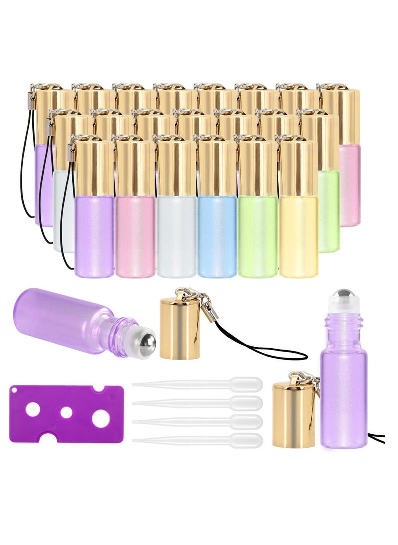 Mavogel Essential Oil Roller Bottles - 24 Pack 5ml Pearl Colored Glass Roller Bottles with Stainless Steel Roller Balls, Essential Oil key Opener and Droppers Included