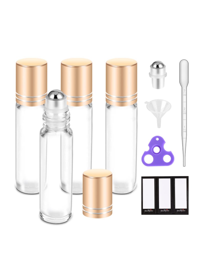 PrettyCare Essential oil Roller Bottles for Oils 10ml Glass Clear Perfume Bottles Empty with Extra Roller Balls, Opener, Funnel, Pipette, Labels, 4pack Roll on Bottles