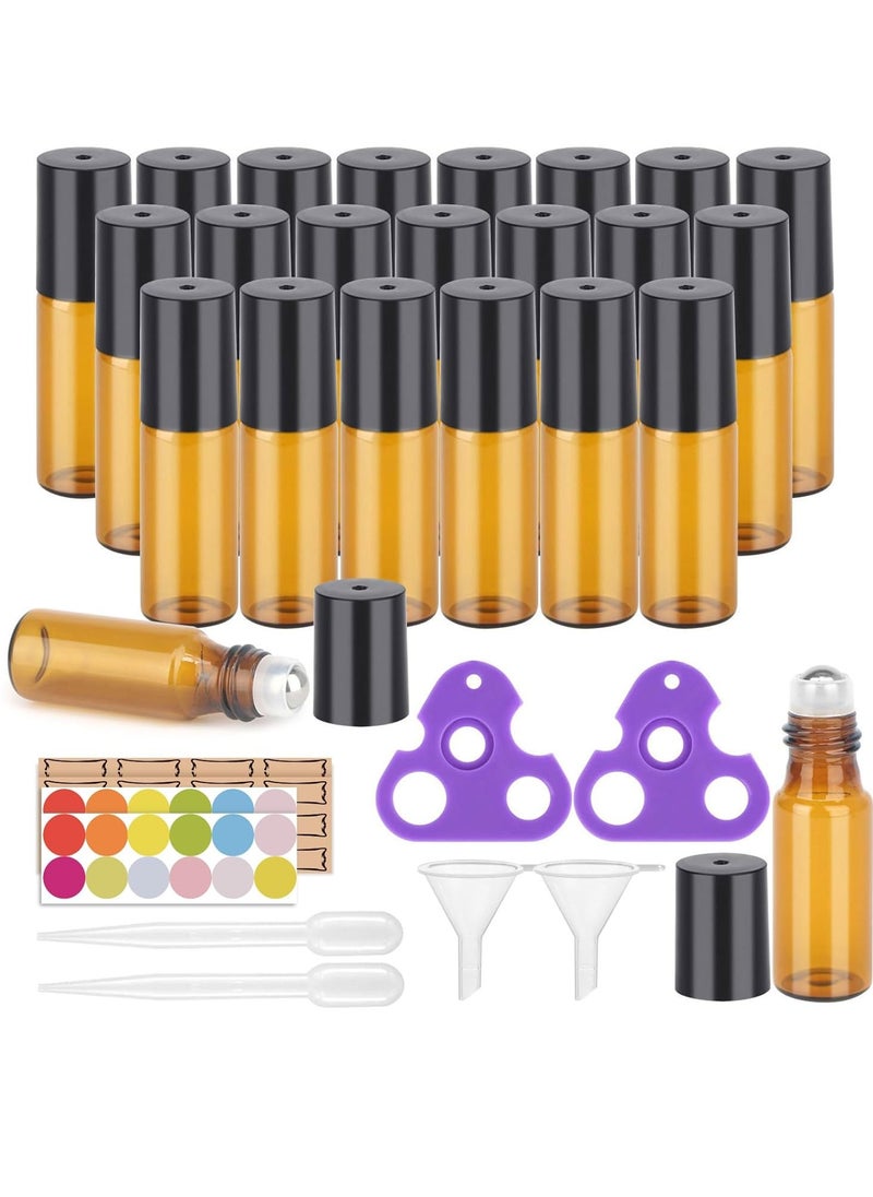 Essential Oil Roller Bottles, 24 Pack Amber Glass Roller Bottles 5ml, Roller Balls for Essential Oils, Roll on Bottles (96 Pieces Labels, 4 Funnels, 4 Dropper, 2 Opener)