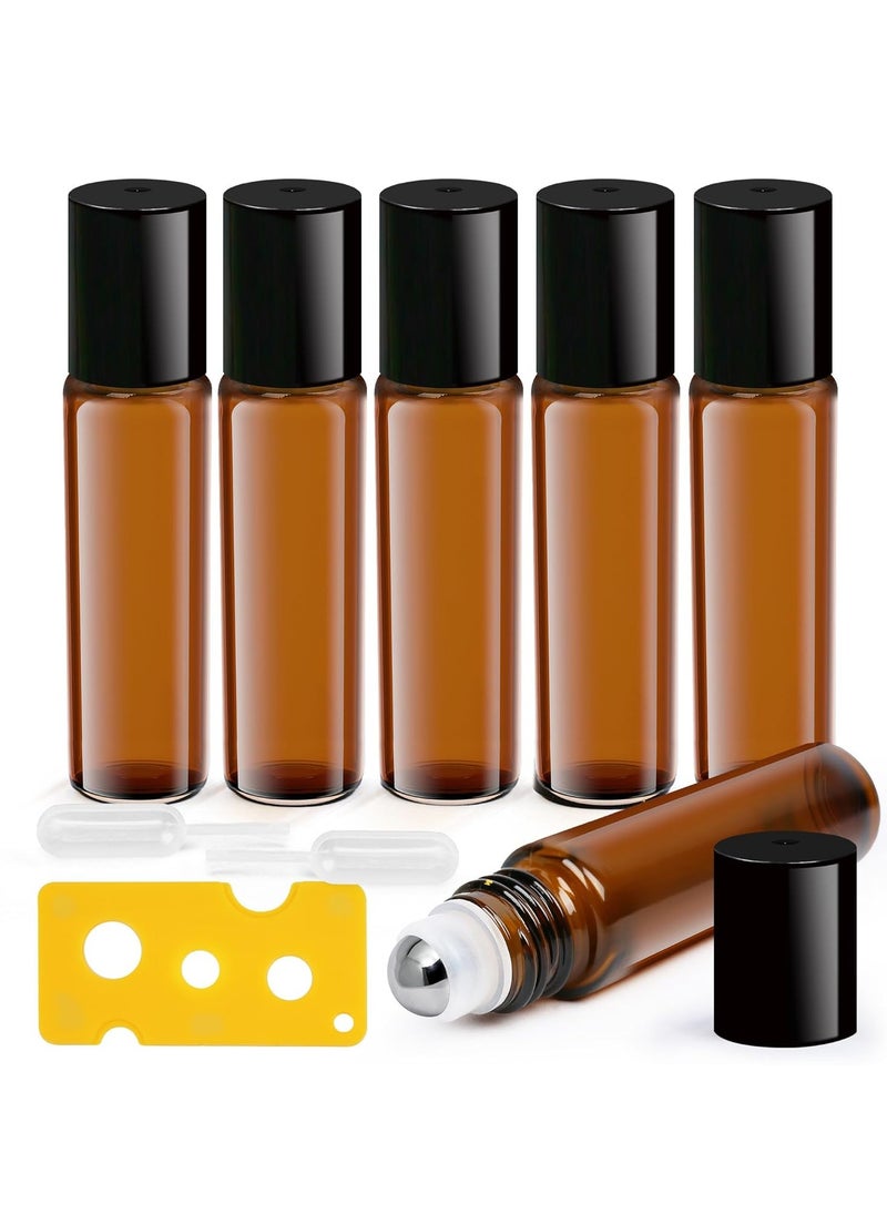 LotFancy Essential Oil Roller Bottles, 6pc 10ml Amber Glass Bottle with Stainless Steel Roller Balls and Caps, Leakproof Perfume Bottles for Travel, Includes 2pc 4ml Droppers