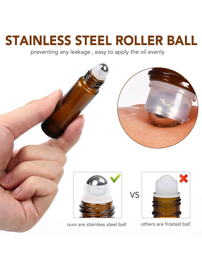 LotFancy Essential Oil Roller Bottles, 6pc 10ml Amber Glass Bottle with Stainless Steel Roller Balls and Caps, Leakproof Perfume Bottles for Travel, Includes 2pc 4ml Droppers