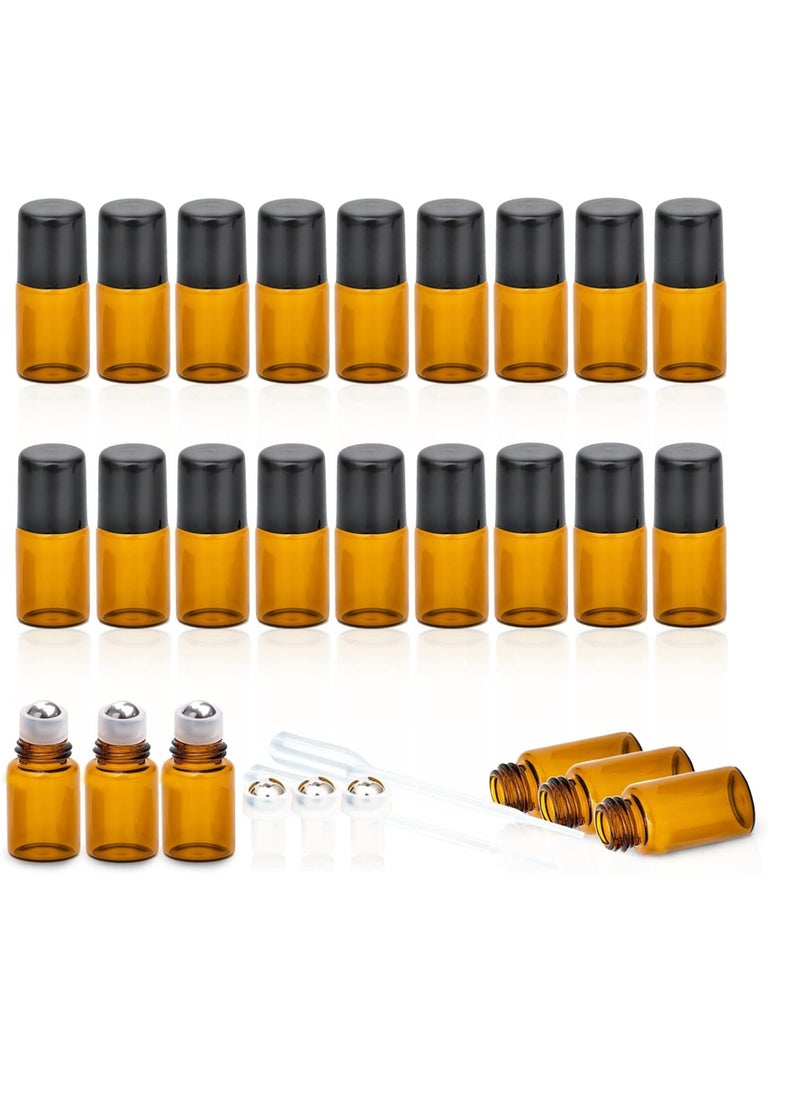 ZEJIA 2ML Essential Oil Roller Bottles, 24 Pack Amber roller bottles for oils, Mini Glass Roll on Bottles with Stainless Steel Roller Balls&2 Droppers