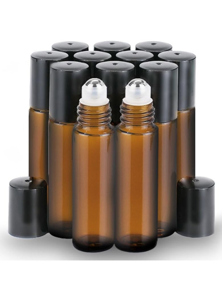 PrettyCare Roller Bottles For Oils 10 ml (Amber Glass, 12 Pack, 1 Extra Stainless Steel Balls, 12 Labels, 1 Opener, 1 Funnels Essential Oil Roller Bottles, Roller on Bottles