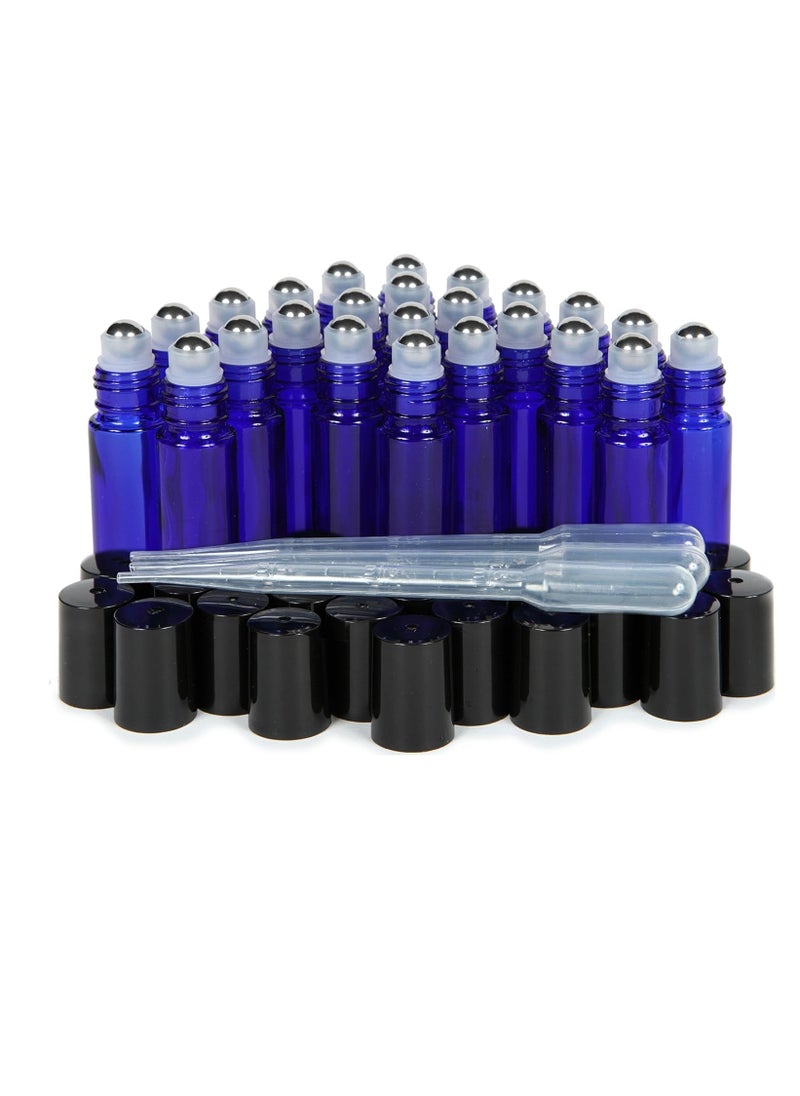 Vivaplex, 24, Cobalt Blue, 10 ml Glass Roll-on Bottles with Stainless Steel Roller Balls. 3-3 ml Droppers included