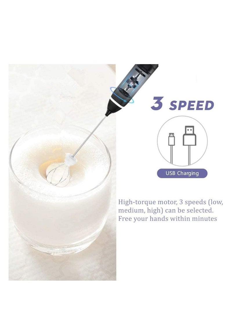 Portable Milk Frother – Handheld USB Rechargeable Foam Maker with 3-Speed Adjustment, 2 Stainless Whisks for Lattes, Cappuccinos, and Eggs