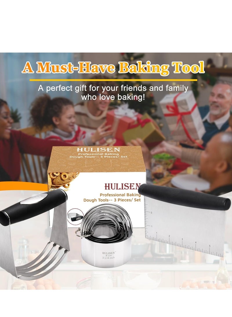 HULISEN Stainless Steel Biscuit Cutter Set, Pastry Scraper and Dough Blender, Sturdy & Long-Lasting with Ergonomic Rubber Grip, Professional Baking Dough Tools, Gift Package (3 Pcs/Set)