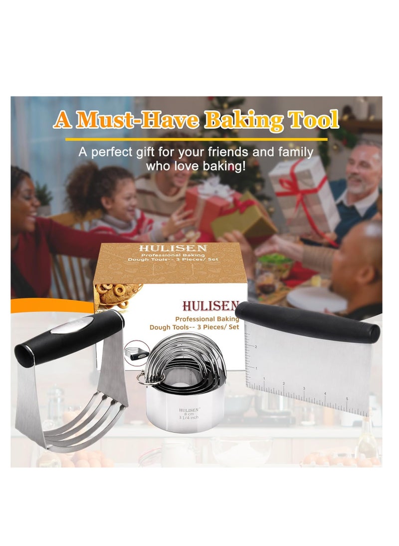 HULISEN Stainless Steel Biscuit Cutter Set, Pastry Scraper and Dough Blender, Sturdy & Long-Lasting with Ergonomic Rubber Grip, Professional Baking Dough Tools, Gift Package (3 Pcs/Set)