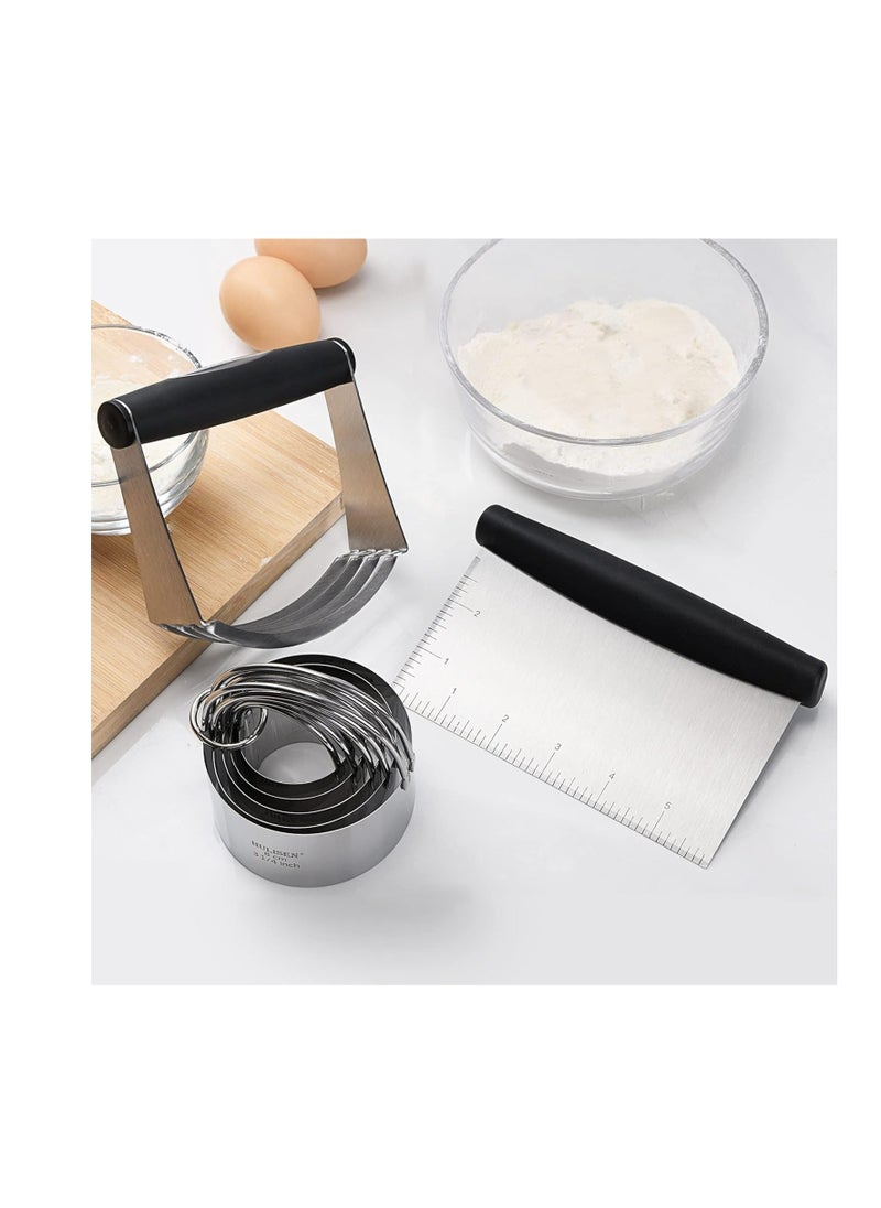 HULISEN Stainless Steel Biscuit Cutter Set, Pastry Scraper and Dough Blender, Sturdy & Long-Lasting with Ergonomic Rubber Grip, Professional Baking Dough Tools, Gift Package (3 Pcs/Set)