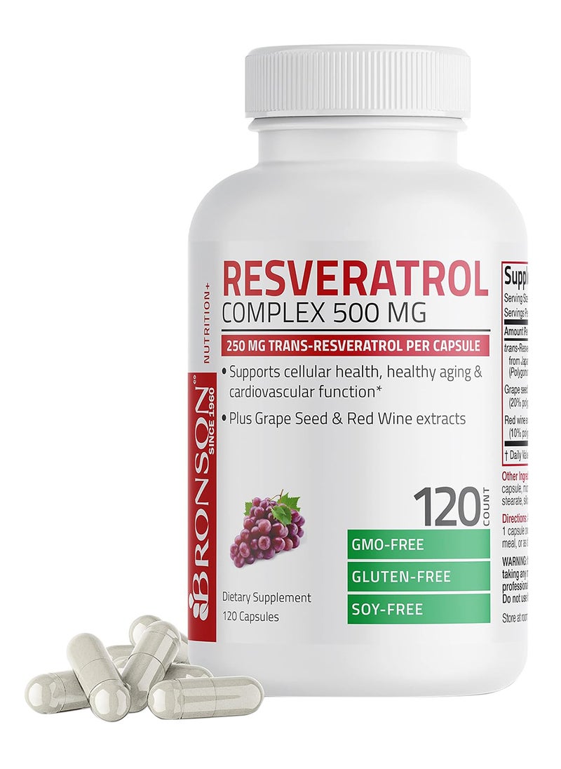 Resveratrol 500 Complex Red Wine Extract Natural Antioxidant Supplement For Cardiovascular And Immune System Health 120 Capsules