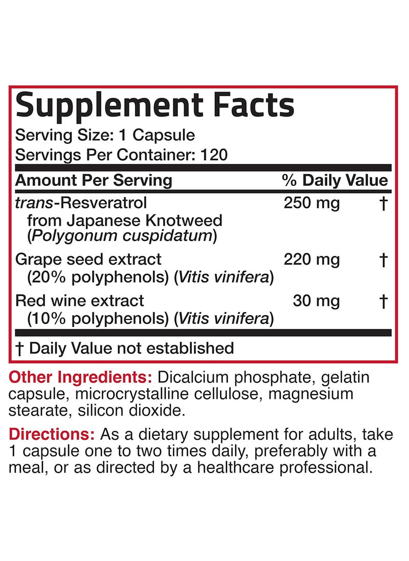 Resveratrol 500 Complex Red Wine Extract Natural Antioxidant Supplement For Cardiovascular And Immune System Health 120 Capsules