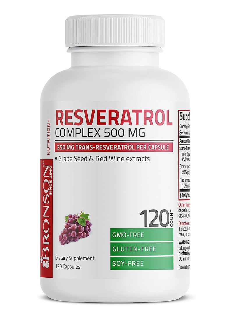 Resveratrol 500 Complex Red Wine Extract Natural Antioxidant Supplement For Cardiovascular And Immune System Health 120 Capsules