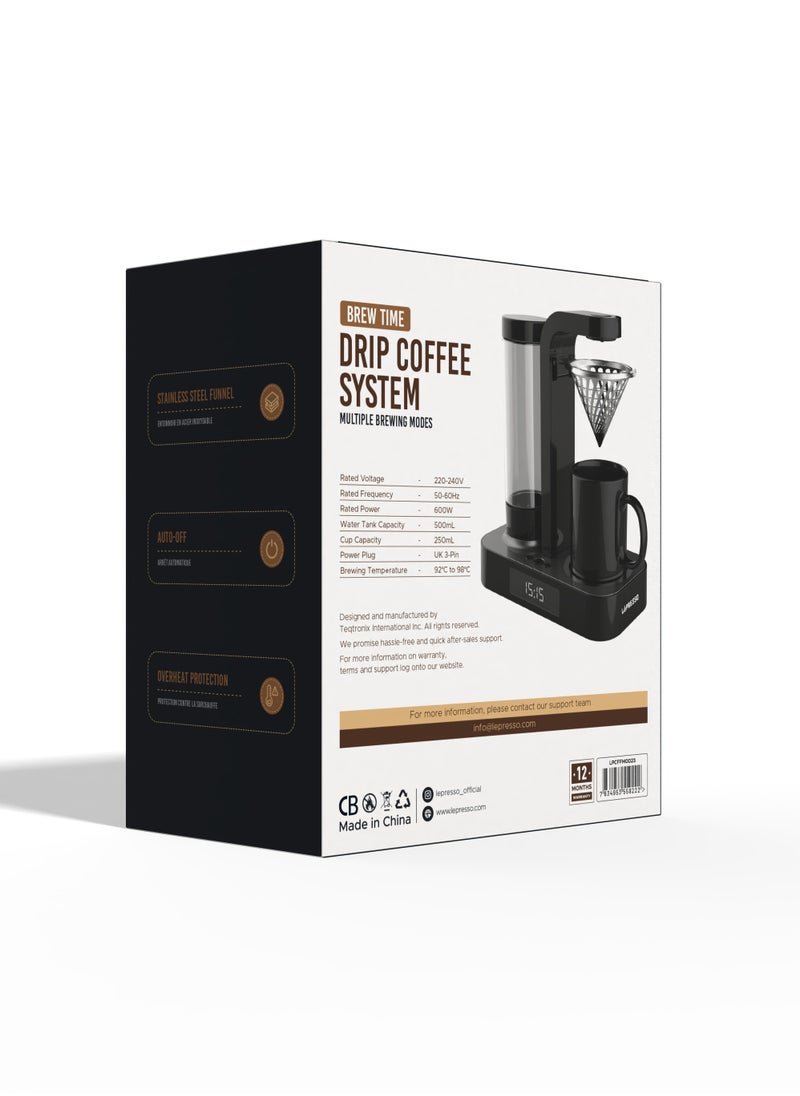 Brew Time Drip Coffee Maker with Multiple Brewing Modes / Stainless Steel Funnel / 250ml Ceramic Cup / 500mL Water Tank / Overheat-Protection / Brew Coffee Machine - Black