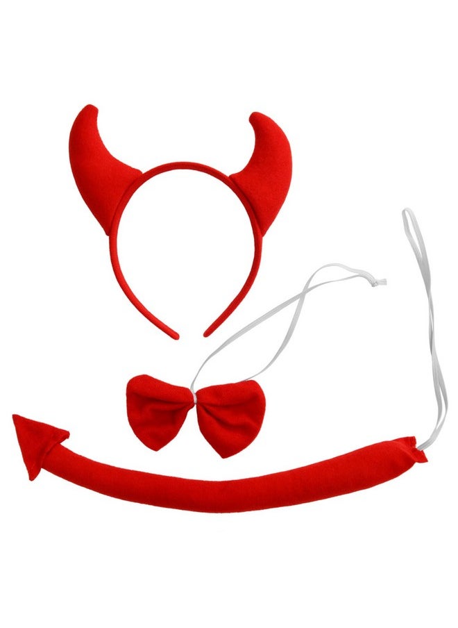 Red Devil Costume Accessories Set Devil Horn Headband Tail Bowtie Costume Kit For Halloween Masquerade Carnival Birthday Party Cosplay