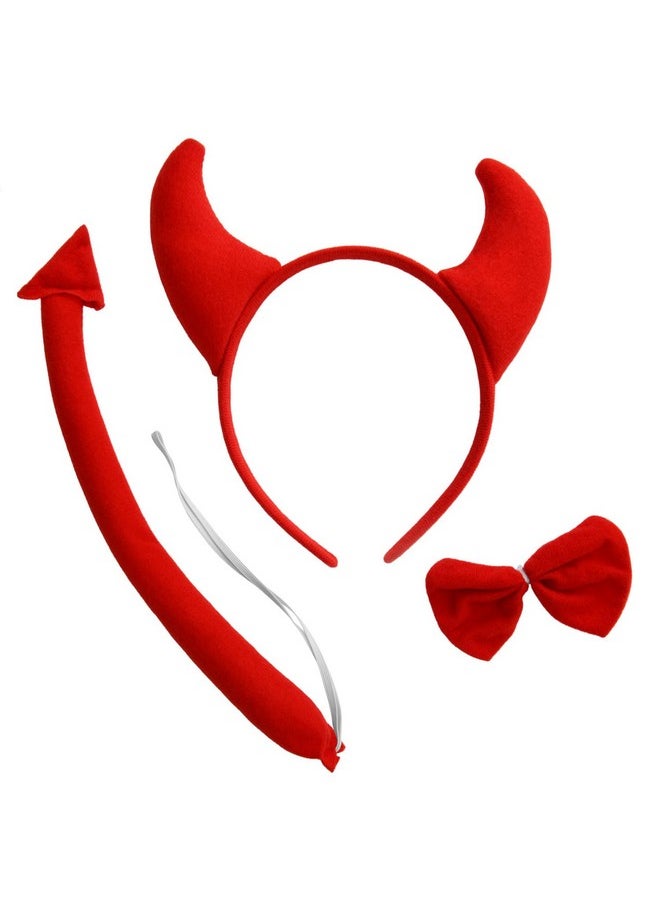 Red Devil Costume Accessories Set Devil Horn Headband Tail Bowtie Costume Kit For Halloween Masquerade Carnival Birthday Party Cosplay