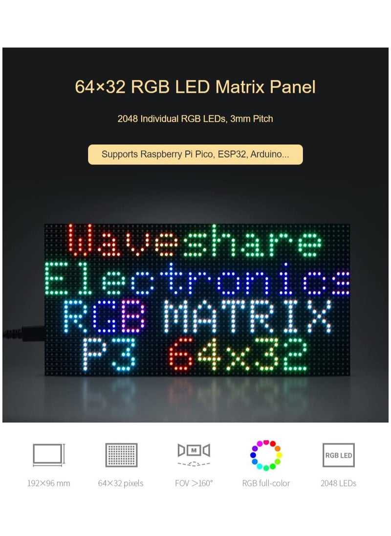 Full-Color LED Matrix Panel Display Screen 64×32 Pixels 3mm Pitch LED Module Compatible with Raspberry Pi Pico, ESP32, Arduino,2048 Individual RGB LEDs,Adjustable Brightness