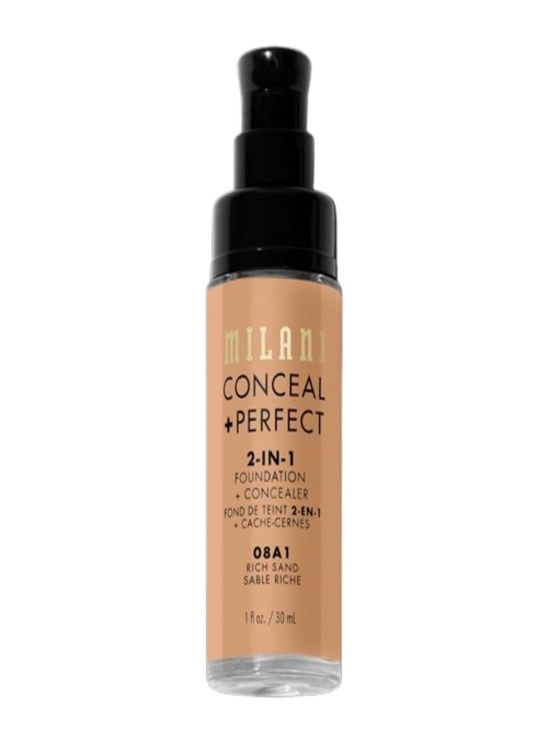 Milani Cosmetics Conceal + Perfect 2-In-1 Foundation + Concealer 08A1 Rich Sand Tan with Warm Neutral Undertone 30ml – Full Coverage, Lightweight, Long-Lasting, Water-Resistant, Oil-Free, Vegan & Cruelty-Free
