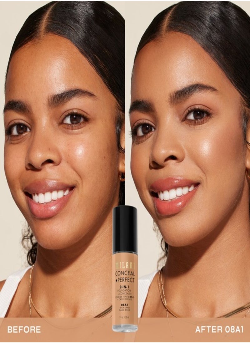Milani Cosmetics Conceal + Perfect 2-In-1 Foundation + Concealer 08A1 Rich Sand Tan with Warm Neutral Undertone 30ml – Full Coverage, Lightweight, Long-Lasting, Water-Resistant, Oil-Free, Vegan & Cruelty-Free