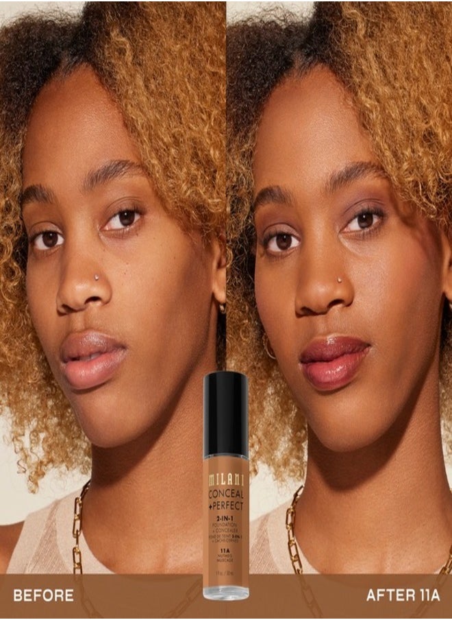 Milani Cosmetics Conceal + Perfect 2-In-1 Foundation + Concealer 11A Nutmeg Deep Bronze with Deep Yellow Undertone 30ml – Full Coverage, Lightweight, Long-Lasting, Water-Resistant, Oil-Free, Vegan & Cruelty-Free