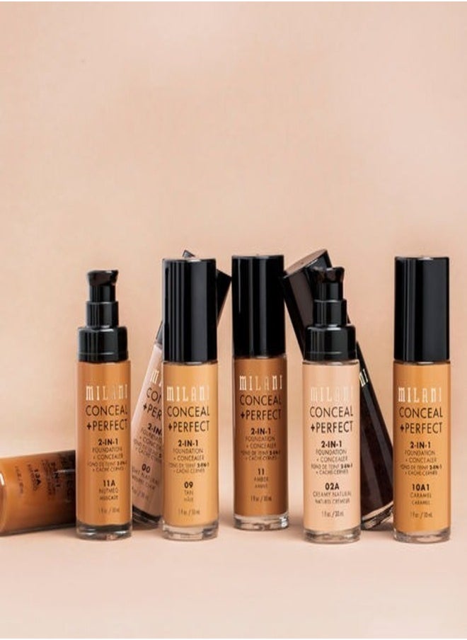 Milani Cosmetics Conceal + Perfect 2-In-1 Foundation + Concealer 11A Nutmeg Deep Bronze with Deep Yellow Undertone 30ml – Full Coverage, Lightweight, Long-Lasting, Water-Resistant, Oil-Free, Vegan & Cruelty-Free