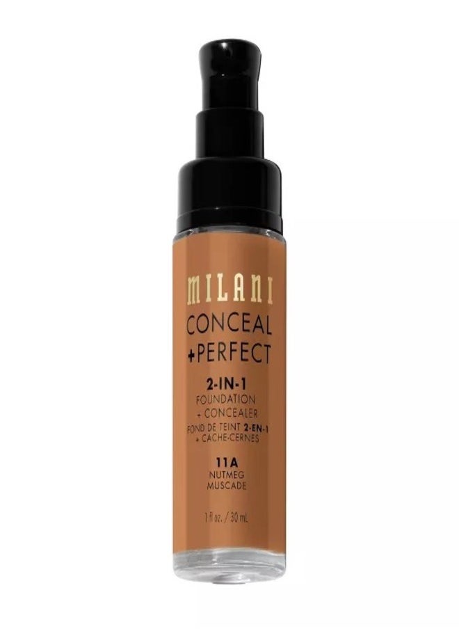 Milani Cosmetics Conceal + Perfect 2-In-1 Foundation + Concealer 11A Nutmeg Deep Bronze with Deep Yellow Undertone 30ml – Full Coverage, Lightweight, Long-Lasting, Water-Resistant, Oil-Free, Vegan & Cruelty-Free