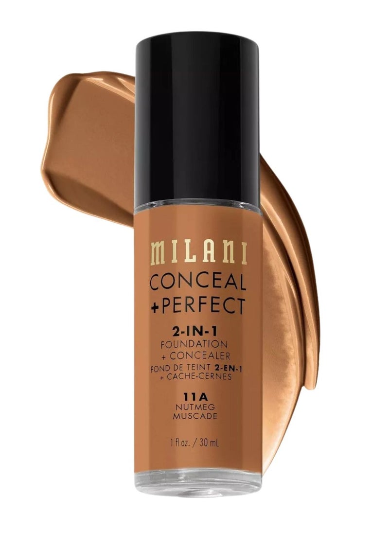 Milani Cosmetics Conceal + Perfect 2-In-1 Foundation + Concealer 11A Nutmeg Deep Bronze with Deep Yellow Undertone 30ml – Full Coverage, Lightweight, Long-Lasting, Water-Resistant, Oil-Free, Vegan & Cruelty-Free