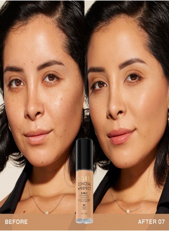 Milani Cosmetics Conceal + Perfect 2-In-1 Foundation + Concealer 07 Sand Tan with Cool Undertone 30ml – Full Coverage, Lightweight, Long-Lasting, Water-Resistant, Oil-Free, Vegan & Cruelty-Free