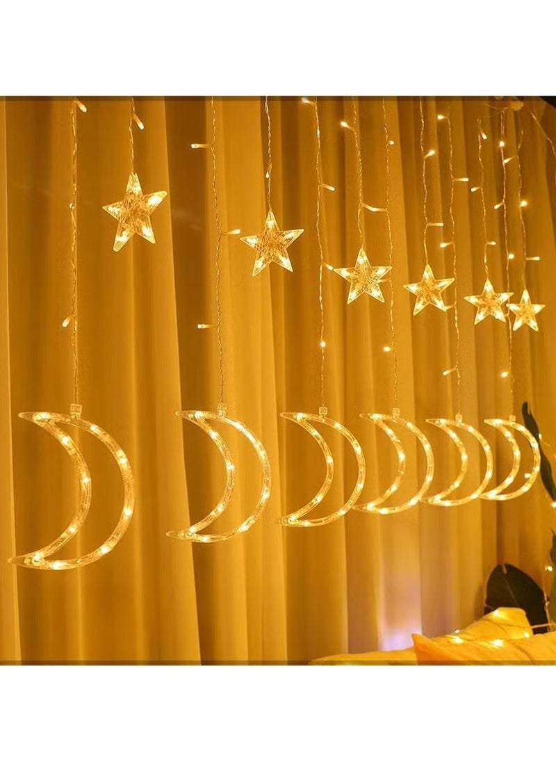 Pack of 2 Ramadan Crescent Moon Star Curtain LED Fairy Lights Yellow each 2.5meter with a Joint