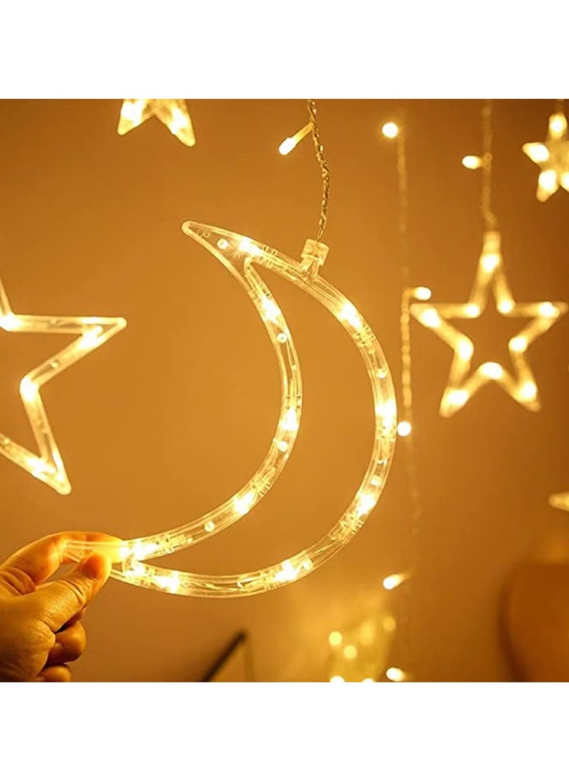 Pack of 2 Ramadan Crescent Moon Star Curtain LED Fairy Lights Yellow each 2.5meter with a Joint