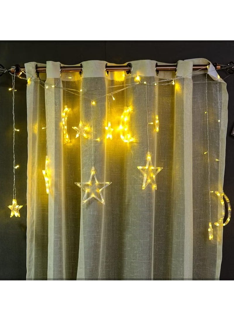 Pack of 2 Ramadan Crescent Moon Star Curtain LED Fairy Lights Yellow each 2.5meter with a Joint