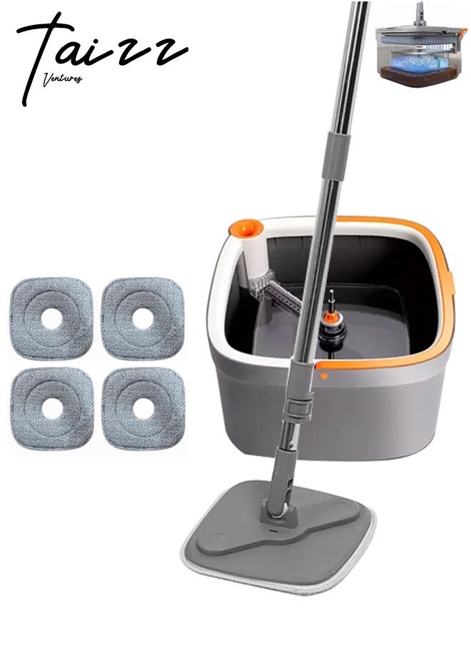 Spin Mop with 360° Self Separation System, 4 Microfiber Rugs, Mop Bucket with Wringer Set for Floor Cleaning, Efficient Wet and Dry Cleaning - Grey