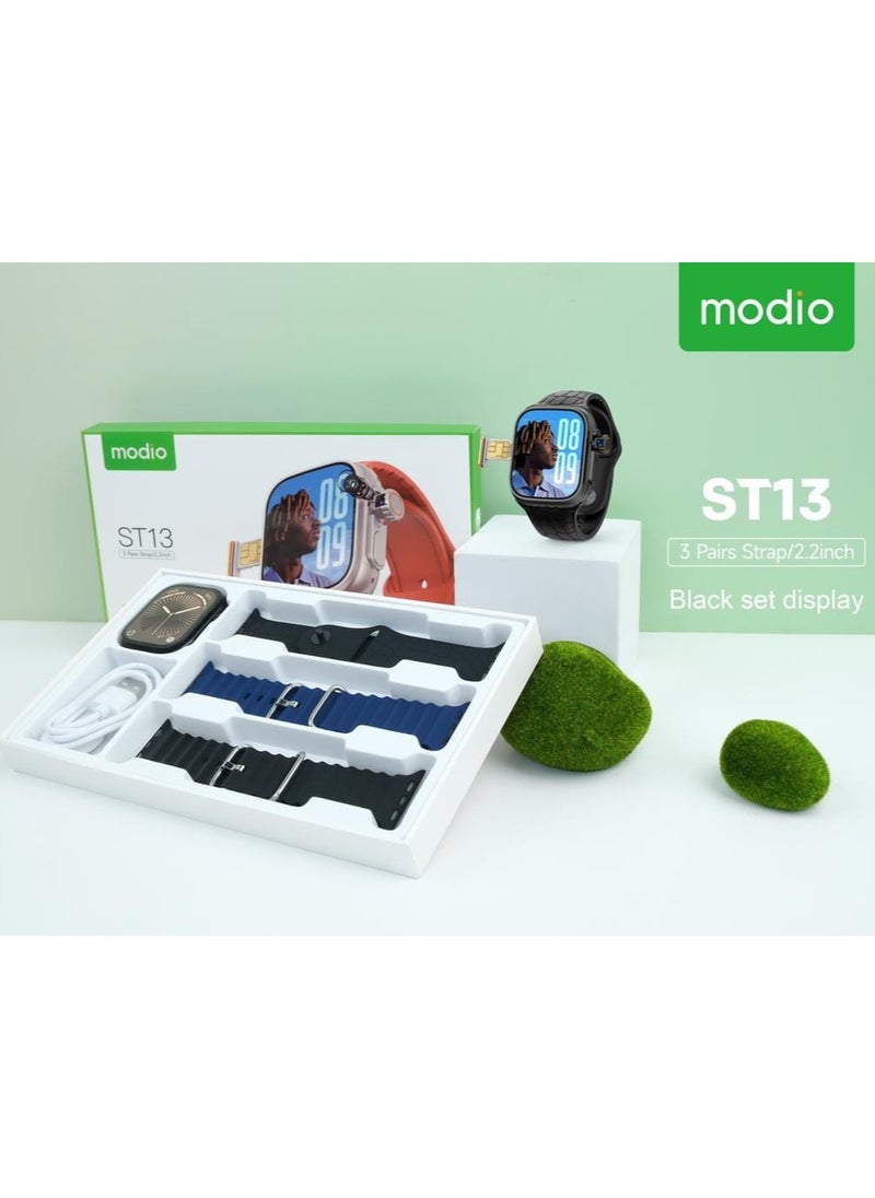 Modio ST13 Smart Watch With 2.2 Inch Full Screen Display Sim Card Slot and 3 Pair Straps and Charging Cable Designed For Ladies and Gents Black