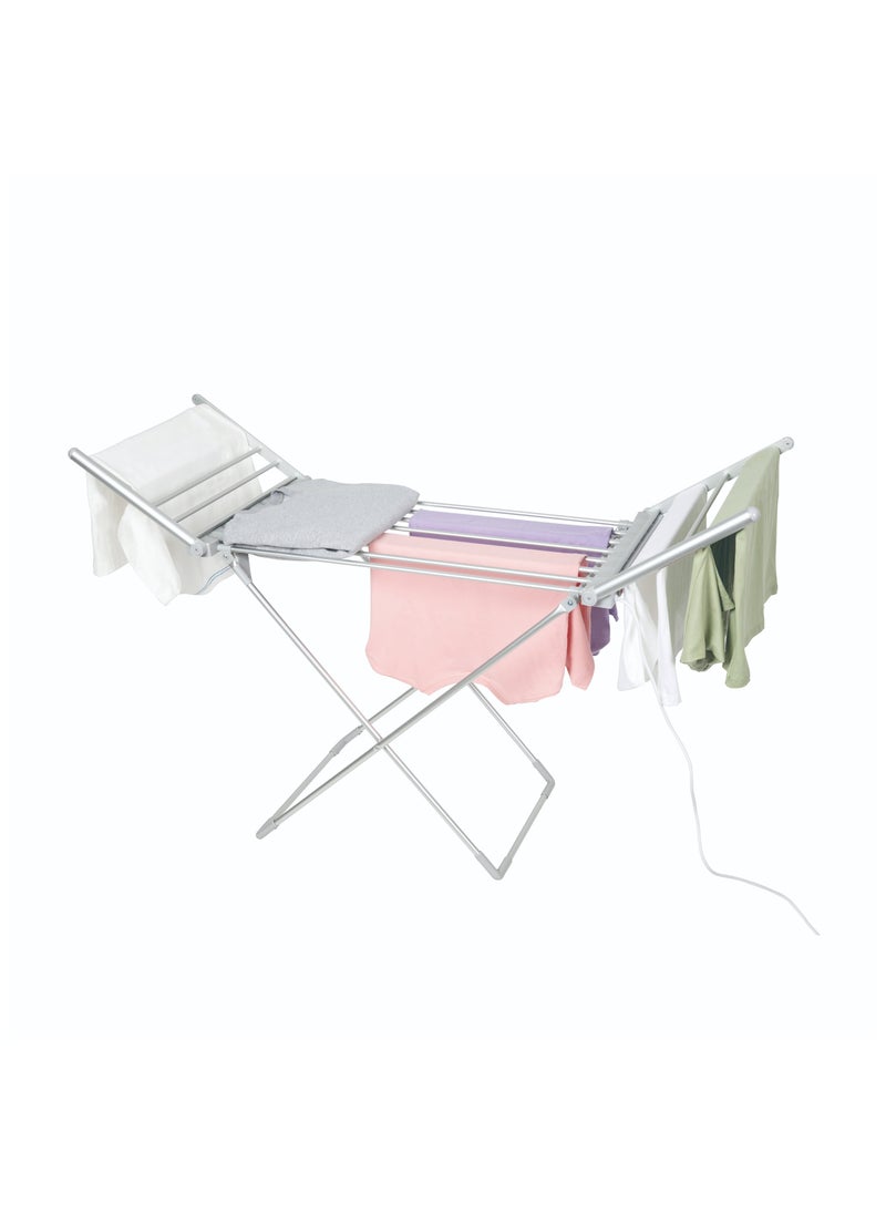 230W Folded Heated Clothes Dryer with 2M Cable BS Plug / 15 KG Load Capacity / 20x Aluminum Heating Tubes / Effortlessly Folds Flat for Simple/ Compact storage / Quick Access Power Switch - Silver