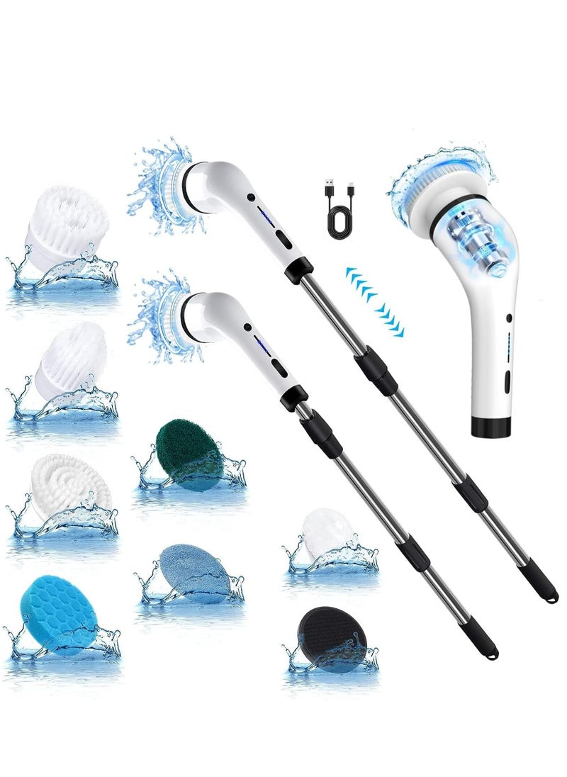 Electric Cleaning Brush Scrubber, Electric Floor Scrubber with 8 Replaceable Brush Heads and Adjustable Extension Arm, Cordless Electric Spin Scrubber for Cleaning Bathroom Floor Tile Tub Kitchen Car