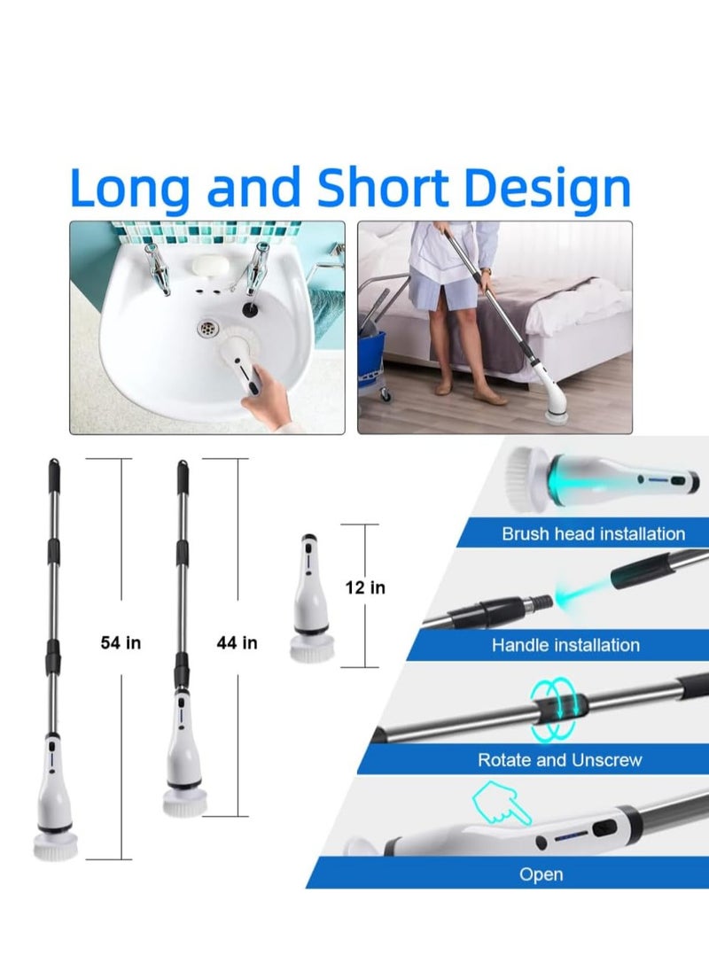 Electric Cleaning Brush Scrubber, Electric Floor Scrubber with 8 Replaceable Brush Heads and Adjustable Extension Arm, Cordless Electric Spin Scrubber for Cleaning Bathroom Floor Tile Tub Kitchen Car