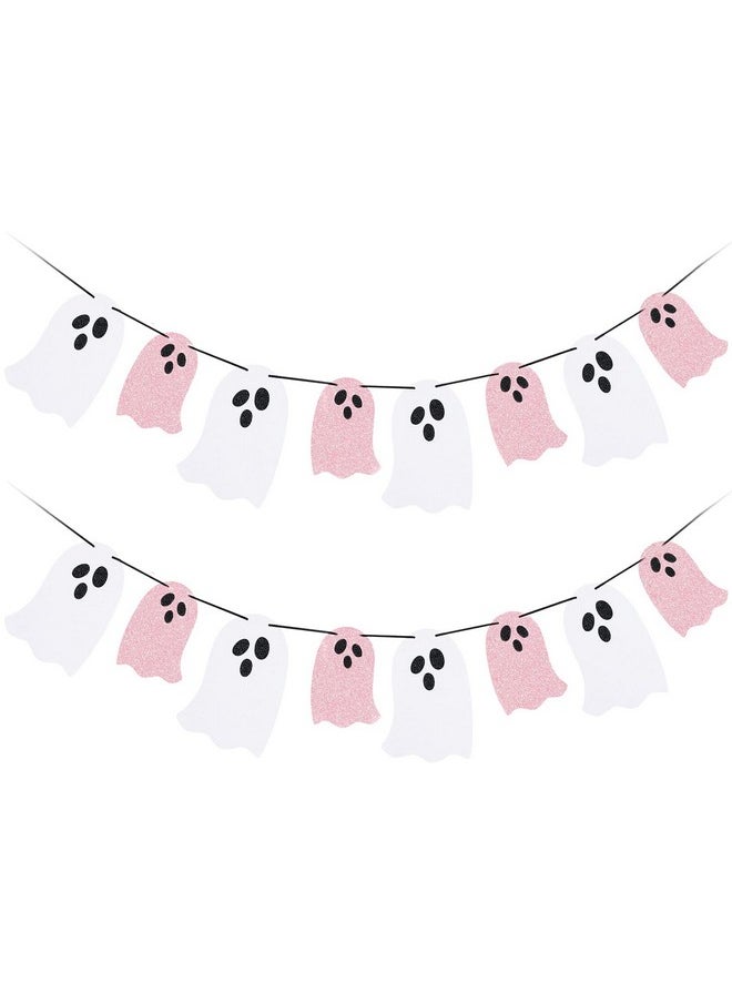 Halloween Hanging Ghost Banner White Pink Glitter Halloween Party Ghost Banner For Haunted Houses Doorways Indoor Outdoor Home Decor Haunted Mansion Halloween Ghost Decorations (2 Pack)