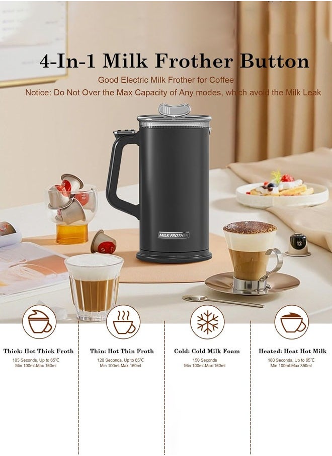 Milk Frother, 4 in 1 Electric Milk Steamer,Automatic Hot and Cold Foam Maker and Milk Warmer for Latte, Cappuccinos, Macchiato, Non-Stick Interior, Lower Noise, Double Wall Material, Easy to Clean, Auto-Shut Off,Black