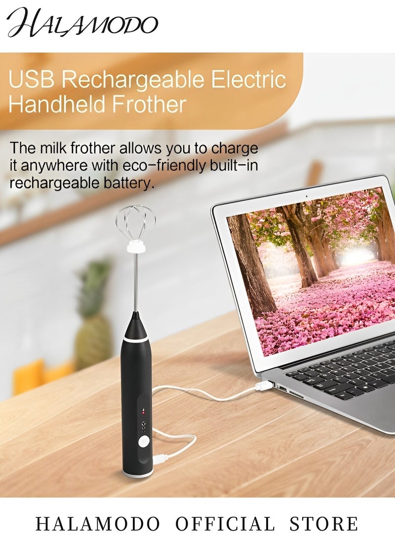 Rechargeable Milk Frother with 3 Stainless Whisks Handheld Multi-functional Electric Foam Maker Strong Blender 3-Speed Adjustable Mini Milk Foamer for Coffee & Egg & Cream Whipping