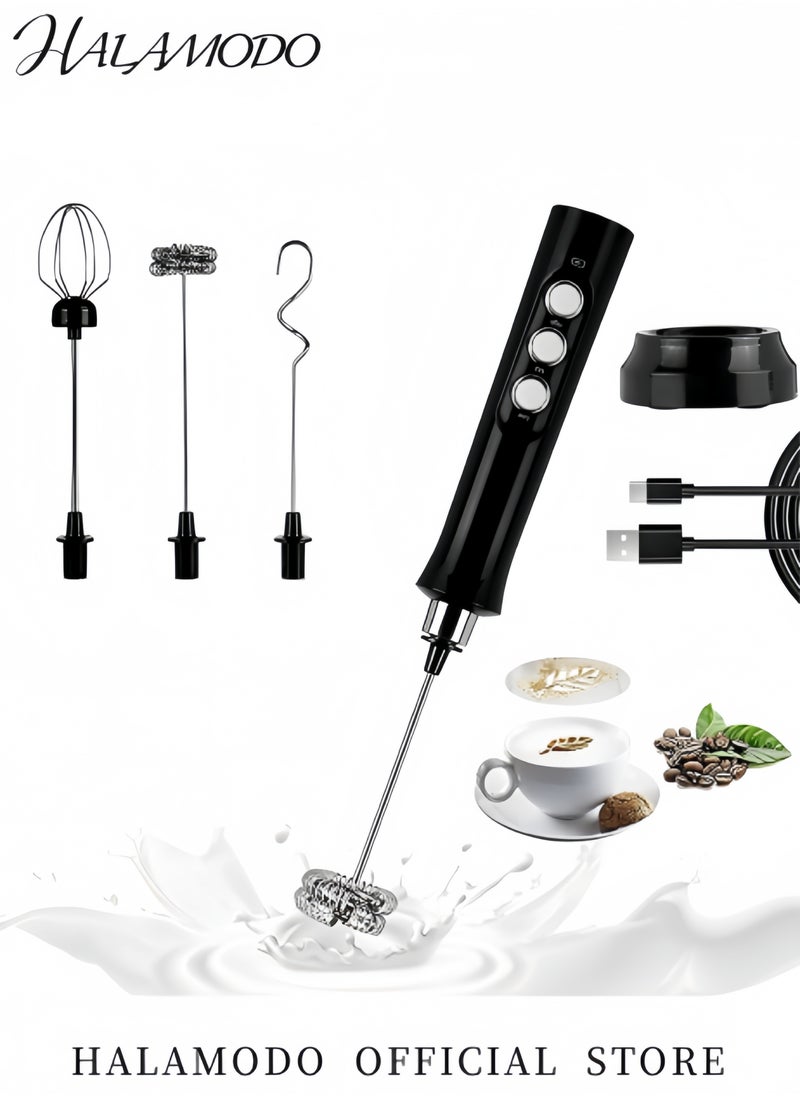 Rechargeable Milk Frother with 3 Stainless Whisks Handheld Multi-functional Electric Foam Maker Strong Blender 3-Speed Adjustable Mini Milk Foamer for Coffee & Egg & Cream Whipping