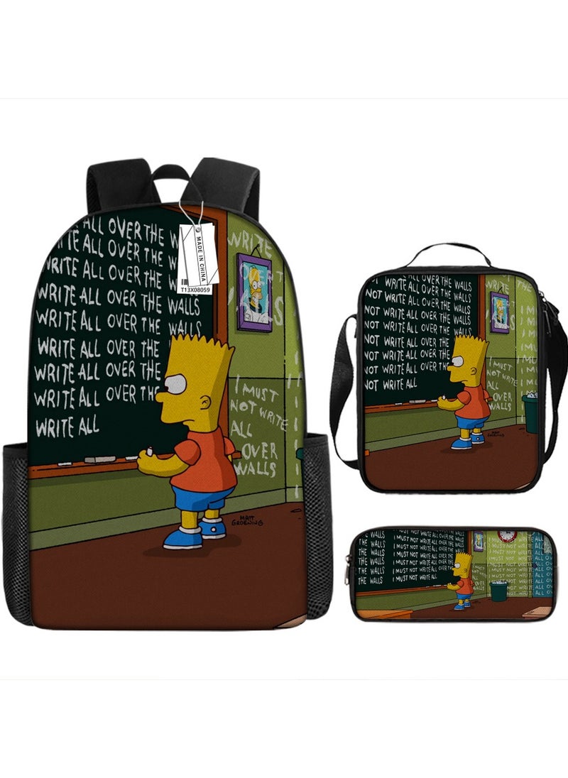 Printed backpack polyester schoolbag large-capacity cross-body bag Student-X08-The Simpsons (Universal Standard Three-Piece Set)