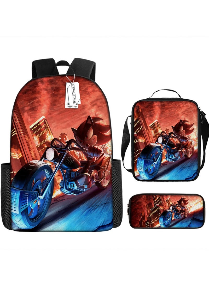 Printed backpack polyester schoolbag large-capacity cross-body bag student-S01-: Sonic Kid (universal standard three-piece set)